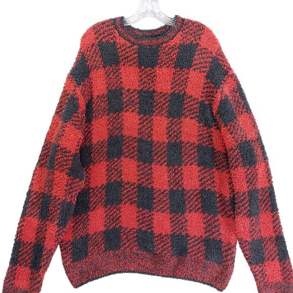 SKIMS Buffalo Plaid Fuzzy Knit Sweater 2X Red Black Cozy Oversized Soft - Picture 1 of 11